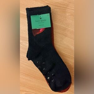 Kate Spade 2 Piece Gripper Slipper Crew Home Socks Black Red Owl Logo OS NWT